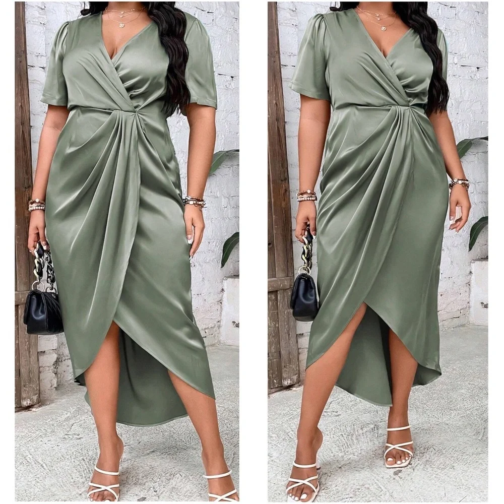 Luxe Satin Surplice Short Sleeve Evening Party Dress - Picture 7 of 9